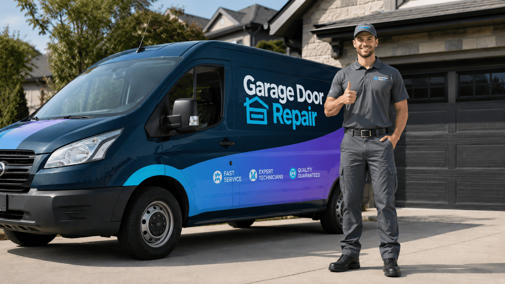 Premium garage door repair service van and technician — dark blue and violet